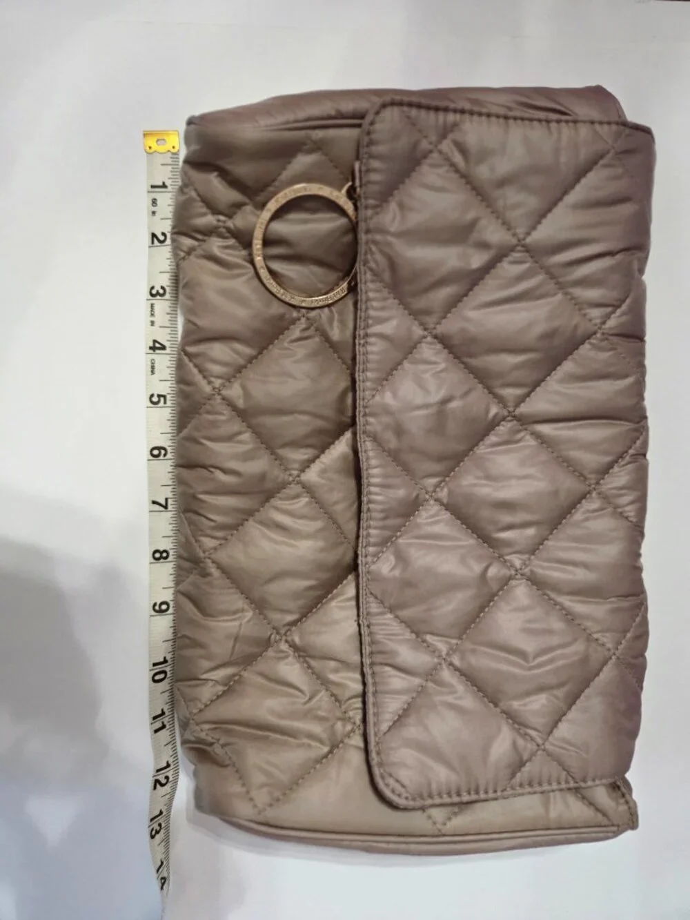 Kat Burki Quilted Cosmetic Bag Taupe Gold Logo Charm Beauty Pouch